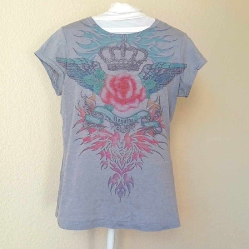 3/$25 SALE Y2K Vintage Tee Graphic T-shirt with Crown Rose Wings Flames Juniors